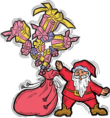 Decorative vector composition. Santa Claus, his big sack full of gifts. Christmas, New Year composition for banner design, party invitation. Hand drawn illustration, cartoon style character drawing.