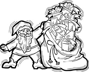 Decorative vector composition. Santa Claus, his big sack full of gifts. Christmas, New Year composition for banner design, party invitation. Hand drawn illustration, cartoon style character drawing.