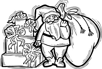 Decorative vector composition. Santa Claus, his big sack full of gifts. Christmas, New Year composition for banner design, party invitation. Hand drawn illustration, cartoon style character drawing.