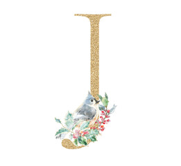 Gold glitter ABC alphabet, watercolor Christmas letter J. Woodland forest animal, Bird with holly berry, winter flowers, Noel, new year decor, Merry Christmas , greeting cards, logo, monogram initial