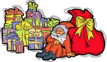 Decorative composition with Santa Claus, his big sack full of gifts. Christmas and New Year composition for banner design, party invitation. Hand drawn illustration, cartoon style character drawing.