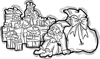 Decorative composition with Santa Claus, his big sack full of gifts. Christmas and New Year composition for banner design, party invitation. Hand drawn illustration, cartoon style character drawing.