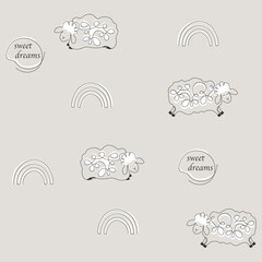 Fototapeta premium Continuous one line art of sheep character, rainbow and text