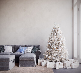 Interior with white Christmas tree and empty concrete wall background 3D Rendering, 3D Illustration