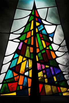 Abstract Contemporary Stained Glass Window Showing A Christmas Tree