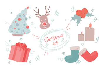 Vector set of many festive Christmas icons. Cute New Year stickers. Flat decorative art elements for winter banner layout design, wrapping paper, advertising concept, fashion print, greeting card.