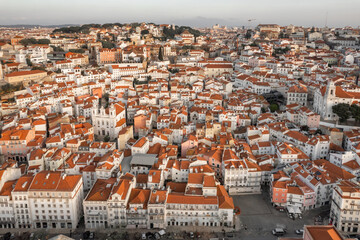 Aerial panoramic view of downtown of Lisbon at sunrise, Portugal