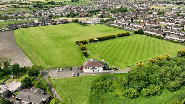 Aerial video of Larne Technical College Old Boys Association Football Club clubhouse and Larne County Antrim Northern Ireland 1