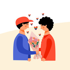 Young LGBT couple dating and give flowers ilustration character vector