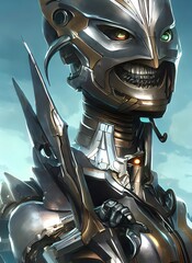 female android robot anime style,  scary smile, concept sci-fi character, comic book cover, 3d render