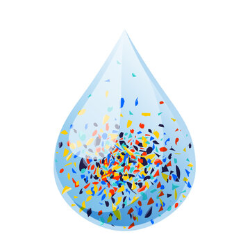 Multicolored pieces of microplastic in drop of water. Vector illustration isolated on white background