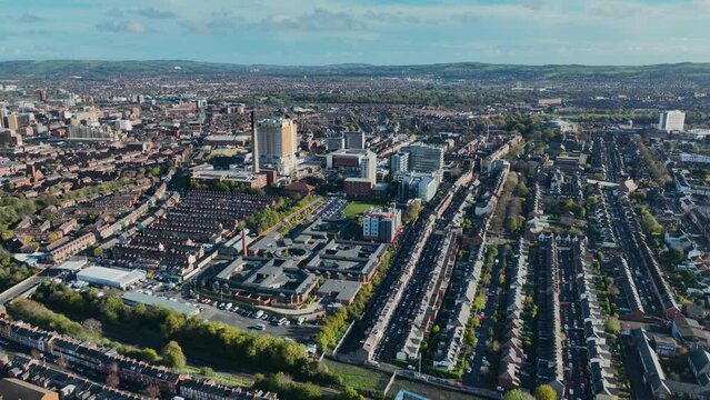 Aerial Video of Residential homes and Business in Belfast City Skyline Cityscape Northern Ireland 4K