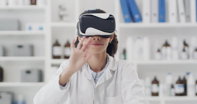 Virtual reality headset, scientist and laboratory for medical training for procedure, surgery innovation and analysis. 3d tech, research and doctor in healthcare for a futuristic biotechnology test