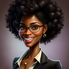 Caricature portrait of a cartoon black business woman wearing glasses.