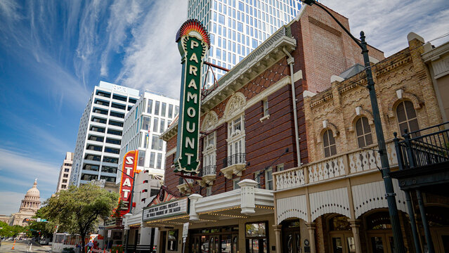 Paramount Theater and State Theater in the historic district of Austin - AUSTIN, TEXAS - OCTOBER 31, 2022