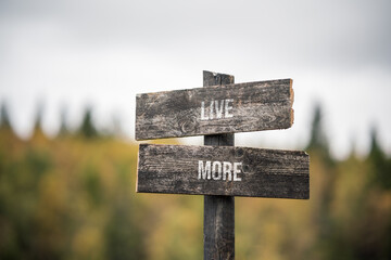 vintage and rustic wooden signpost with the weathered text quote live more, outdoors in nature. blurred out forest fall colors in the background.