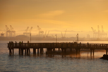 Fototapeta na wymiar Fishing Off a Pier During During a Foggy Sunrise. With cranes for loading freighters in the background fishermen hope their luck will be good in Elliott Bay, Seattle, Washington.