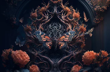 Fototapete Schmetterlinge im Grunge Stylized ornate butterfly , tree, flowers, carving generated sketch art