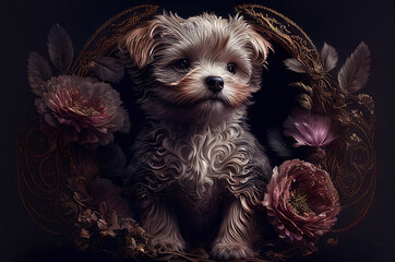 Stylized ornate yorkshire terrier puppy , tree, flowers, carving
generated sketch art - obrazy, fototapety, plakaty