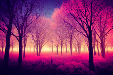 Naklejka na ściany i meble A blazing forest fire, an infrared illustration with pink hues.