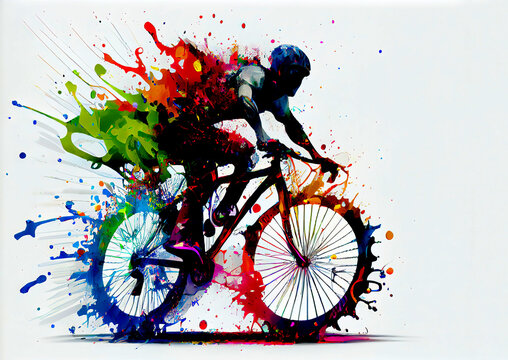 Stylized silhouette of a cyclist, with paint splashes. colorful paints smudges, spatter. generated sketch art
