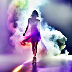 Stylized silhouette of a girl, in smoke, glamor and fashion, artistic defile. generated sketch art