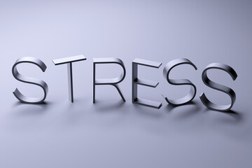 Word STRESS metallic lettering concept. Stress wallpaper. 3D render.