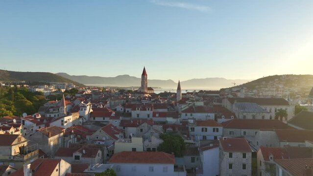 Trogir, Croatia Drone Video Flying Low Over Beautiful Medieval-Style Historic City At Dawn