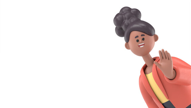 3D illustration of smiling african american woman Coco saying hello.3D rendering on white background.
