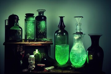collection of vials with glowing emerald absynth