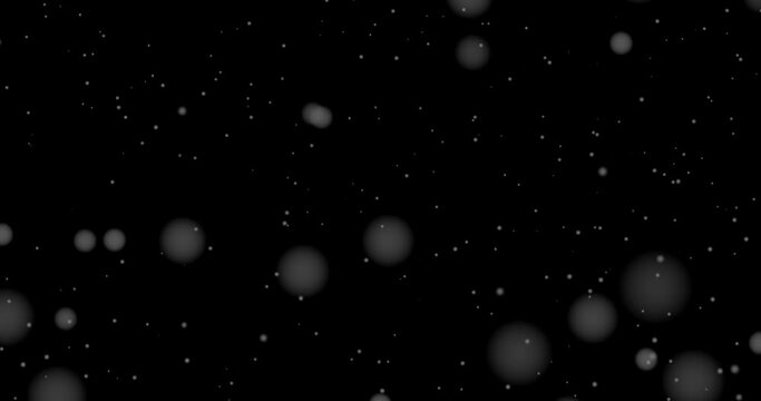 Falling snow animation with soft focus bokeh flakes on black background