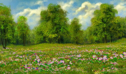 Fototapeta premium Meadow with fog, morning in the meadow. Watercolor paintings landscape, fine art