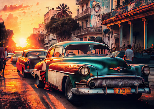 Vibrant illustration of American vintage cars in Havana, Cuba at sunset. Colorful exotic retro Havana's streets make a magnigicent magical cityscape., Generative AI © Michael