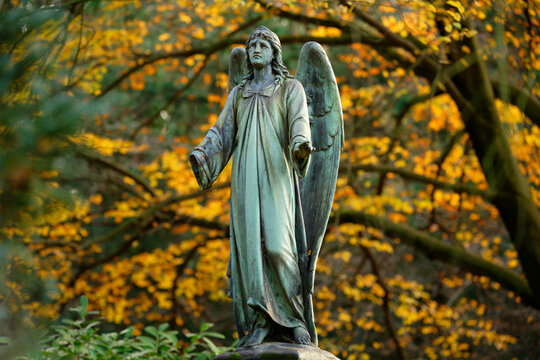 Angel statue with wings on a historical cemetery in cologne in autumn