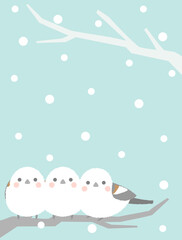 シマエナガと雪の冬のイラスト　縦書きバージョン