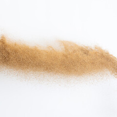 Plakat Sand flying explosion, Golden sand wave explode. Abstract sands cloud fly. Yellow colored sand splash throwing in Air. White background Isolated high speed shutter, throwing freeze stop motion