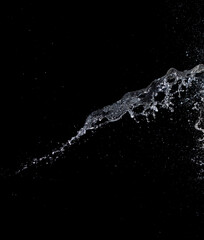 Shape form droplet of Water splashes into drop water attack fluttering in air and stop motion freeze shot. Splash Water for texture graphic resource elements, black background isolated