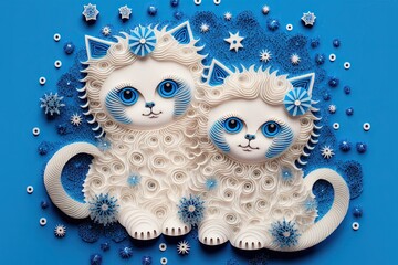 Cute fluffy twins ragdoll of Gemini zodiac sign made of 3D paper cut quilling. New year horoscope and hope of fortune for the future.