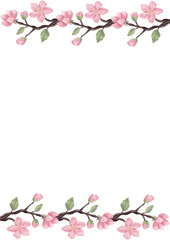 Template with blooming tree branch with pink flowers. Place for text.