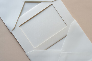 retro paper card and two paper envelopes with blank space for copy