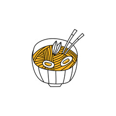 Doodle Ramen. Ramen Noodles Bowl. Noodles in a bowl with chopsticks. Asian soup with egg, spaghetti and nori . Vector illustration on a white background
