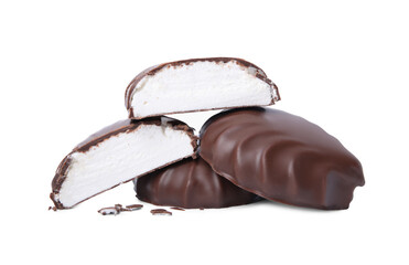 Delicious chocolate covered marshmallows isolated on white