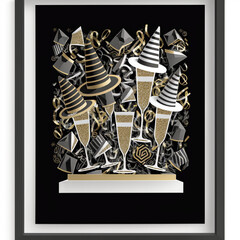 Fototapeta premium Layered Paper Cut Illustration of a New Year's Eve Party Celebration with Drinks, Hats, and Confetti in Black and Gold
