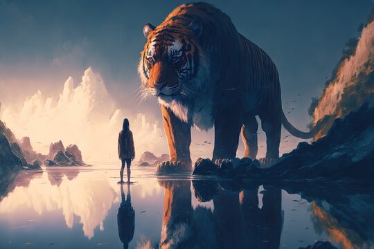 A man standing alone facing the giant tiger. illustration art
