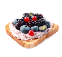 Tasty sandwiches with cream cheese and berries isolated on white