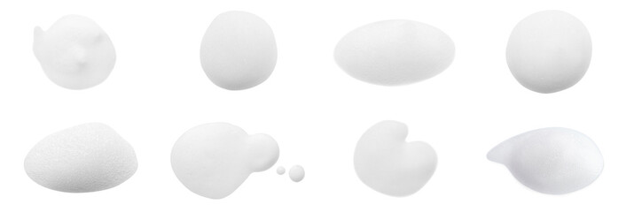 Set with drops of fluffy soap foam on white background. Banner design