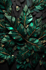 Pattern leaves gemstone emerald 3d render abstract background, modern, elegant, luxury. Artistic vertical template for design