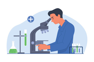 Male Scientist Using Microscope for Experiment in Laboratory