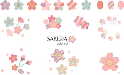 ポップでガーリーな桜のアイコン素材セット/カラフル　春・花・飾り・あしらい・かわいい