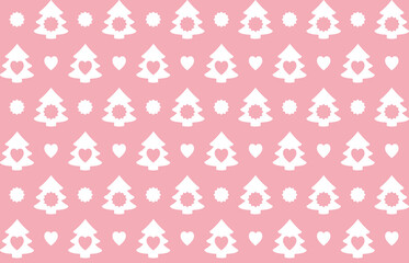 Seamless pattern for Christmas on a pink background with white elements(fir trees, stars and hearts). Vector illustration, winter background, can be used for wallpaper, pattern fills, fabric prints